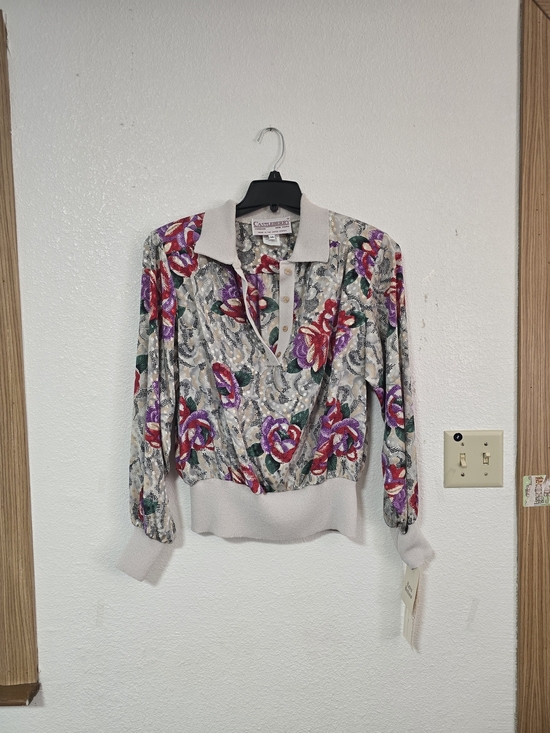Castleberry Tops - NWT Vintage 80s Castleberry Floral Knit Polo Blouse Size 14 Made in USA Deadstoc